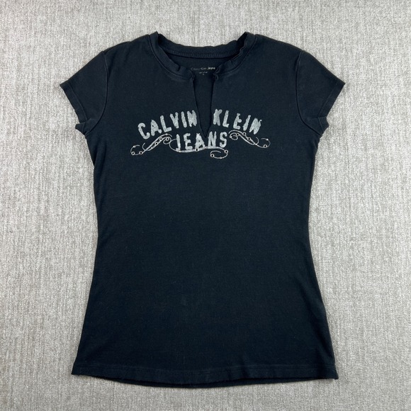 Y2K Calvin Klein Jeans Black Embellished Logo Tee Women's Medium T-Shirt Top - Picture 1 of 6
